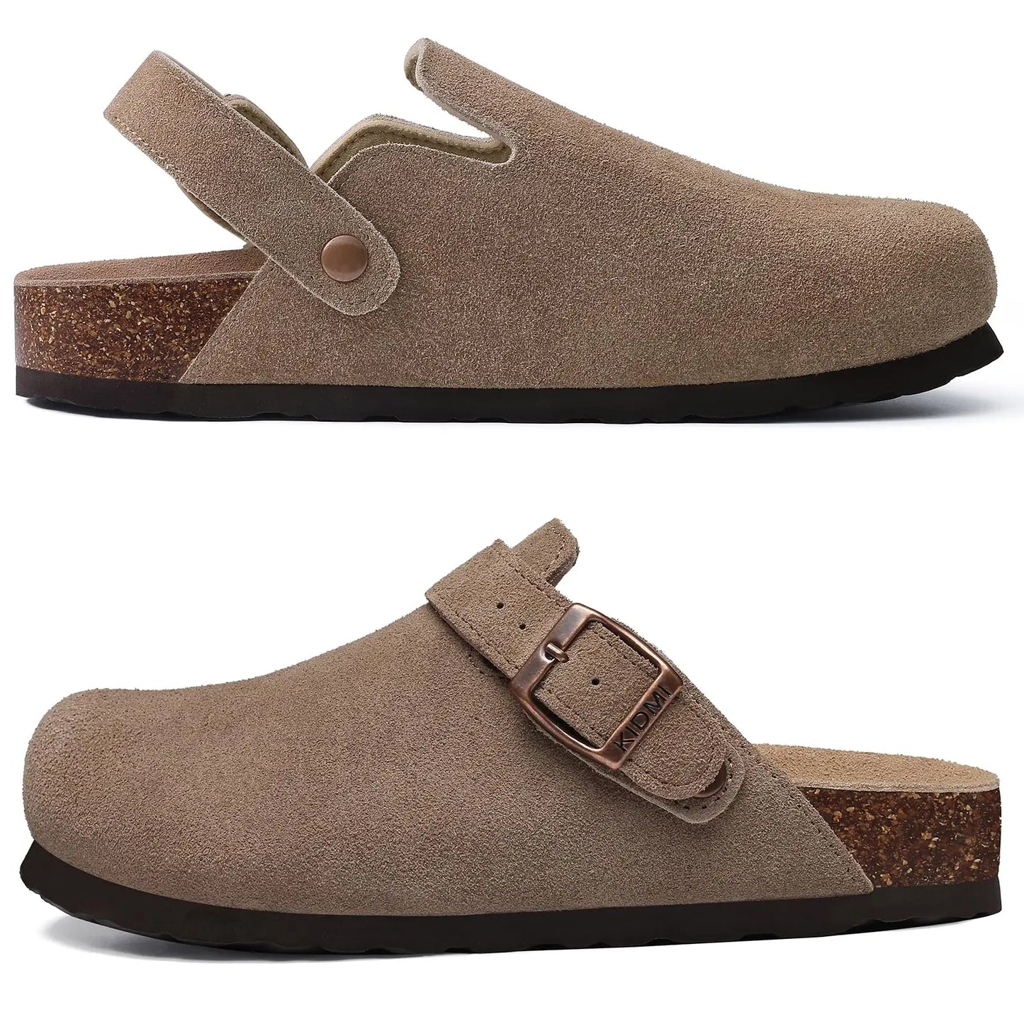 Crestar Women's Suede Clogs Lady Fashion Buckle Leather Mules Comfort Cork Footbed Potato Shoes with Arch Support Beach Sandal