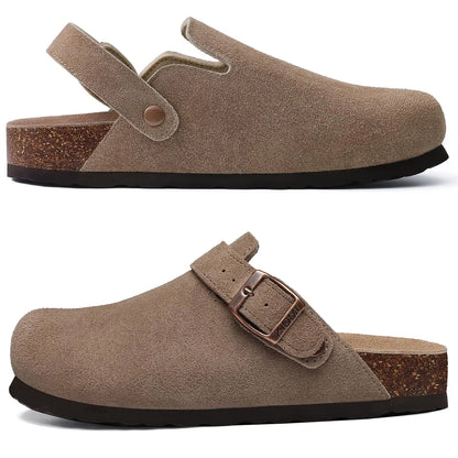 Crestar Women's Suede Clogs Lady Fashion Buckle Leather Mules Comfort Cork Footbed Potato Shoes with Arch Support Beach Sandal