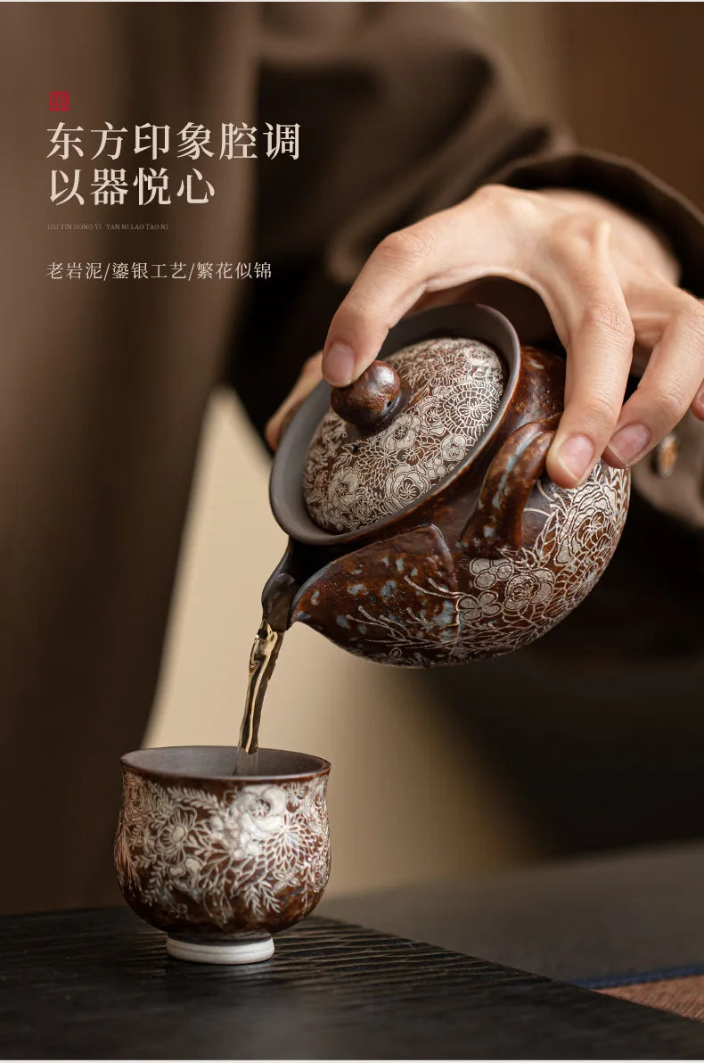 190ml Retro Flower Gilded Silver Hand Grasping Pot Old Rock Mud Treasure Bottle Pot Coarse Pottery Filter Kettle Kung Fu Teaset