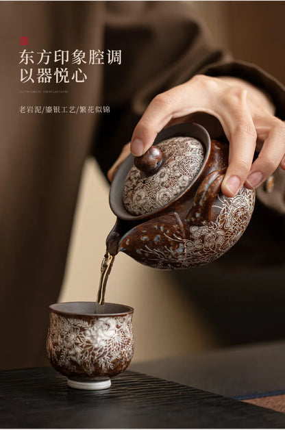 190ml Retro Flower Gilded Silver Hand Grasping Pot Old Rock Mud Treasure Bottle Pot Coarse Pottery Filter Kettle Kung Fu Teaset