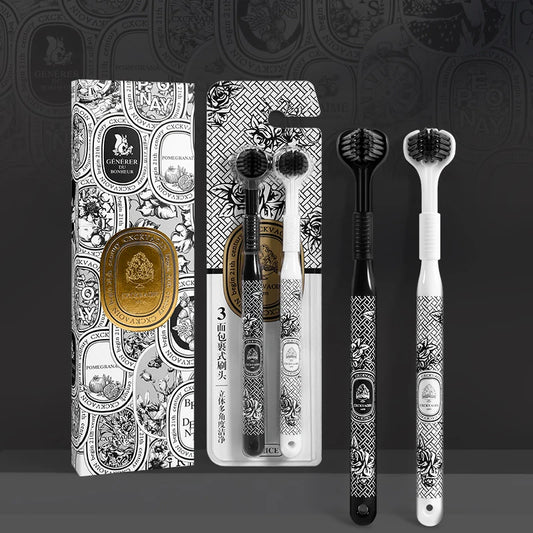 Black and white three-sided brush head with soft bristles for travel and business trips, portable 2-piece gift box
