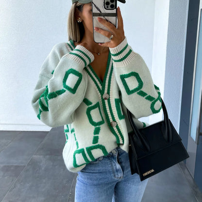 Autumn Winter Jacquard Knitted Coat Women Fashion V-neck Long Sleeve Single Breasted Knitting Cardigan Coats Female Streetwear