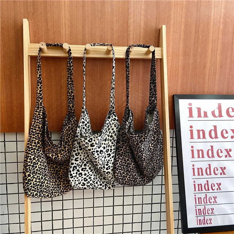 Women's Shoulder Bags Leopard Print Flower Fashionable Trendy Canvas Cross Bags Large Capacity Portable Shopping Shoulder Bags