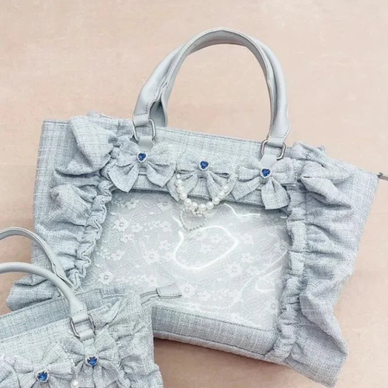 Sweet Y2k Aesthetic Transparent Bow Ita Bag Casual Chic Ruffle Fashion Women's Handbags All Match Kawaii Shoulder Crossbody Bags