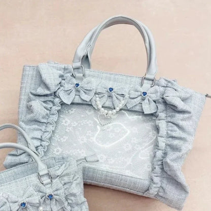 Sweet Y2k Aesthetic Transparent Bow Ita Bag Casual Chic Ruffle Fashion Women's Handbags All Match Kawaii Shoulder Crossbody Bags