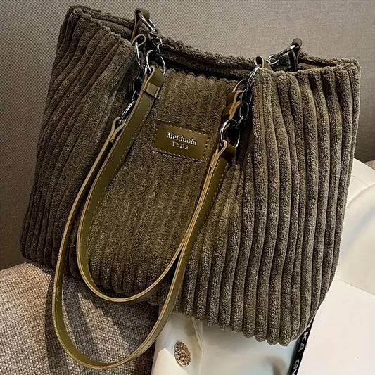 Large Capacity Corduroy Tote Bag Chain Handbag Shoulder Bag for Women, Polyester Lining, Zip Closure, Black, Beige, Khaki, Green