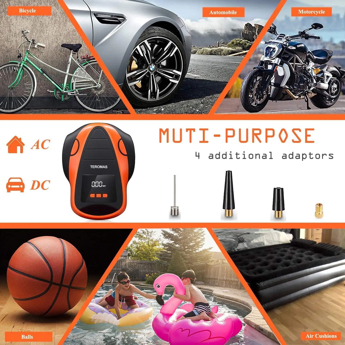 Portable Air Compressor for Car Tires, Digital Electric Pump with Pressure Gauge, 12V DC/110V AC for Inflatables