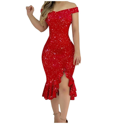 Women's Fashion Sexy Summer Off Shoulder  Short Sleeve Sequin Ruffle Irregular Dresses elegant women's dresses for party 2024