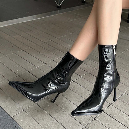 Eilyken Gold Silver Soft Leather Thin Low Heels Zippers Short Ankle Boots Women Pointed Toe Spring Autumn Stripper Ladies Shoes