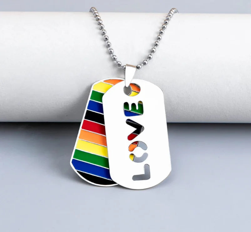 Stainless Steel LGBT Gay Lesbian Love Pride Necklaces Enamel Rainbow Flag Double Pendant Necklace