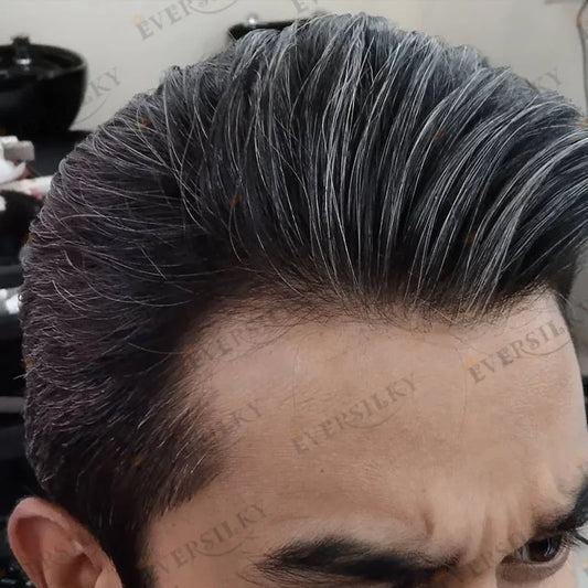 Natural Hairline 1B65 Grey Old Man 100% Human Hair Wigs System Prosthesis Super Durable 0.1mm Strong PU Base Men Silicon Toupee