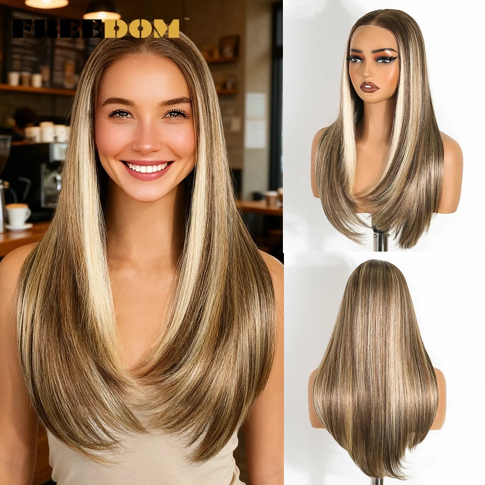 FREEDOM 9x6 Pre Plucked Synthetic Lace Front Wigs For Women Straight Layerd Wig 24" Ombre Blonde Wear And Go Glueless Lace Wigs