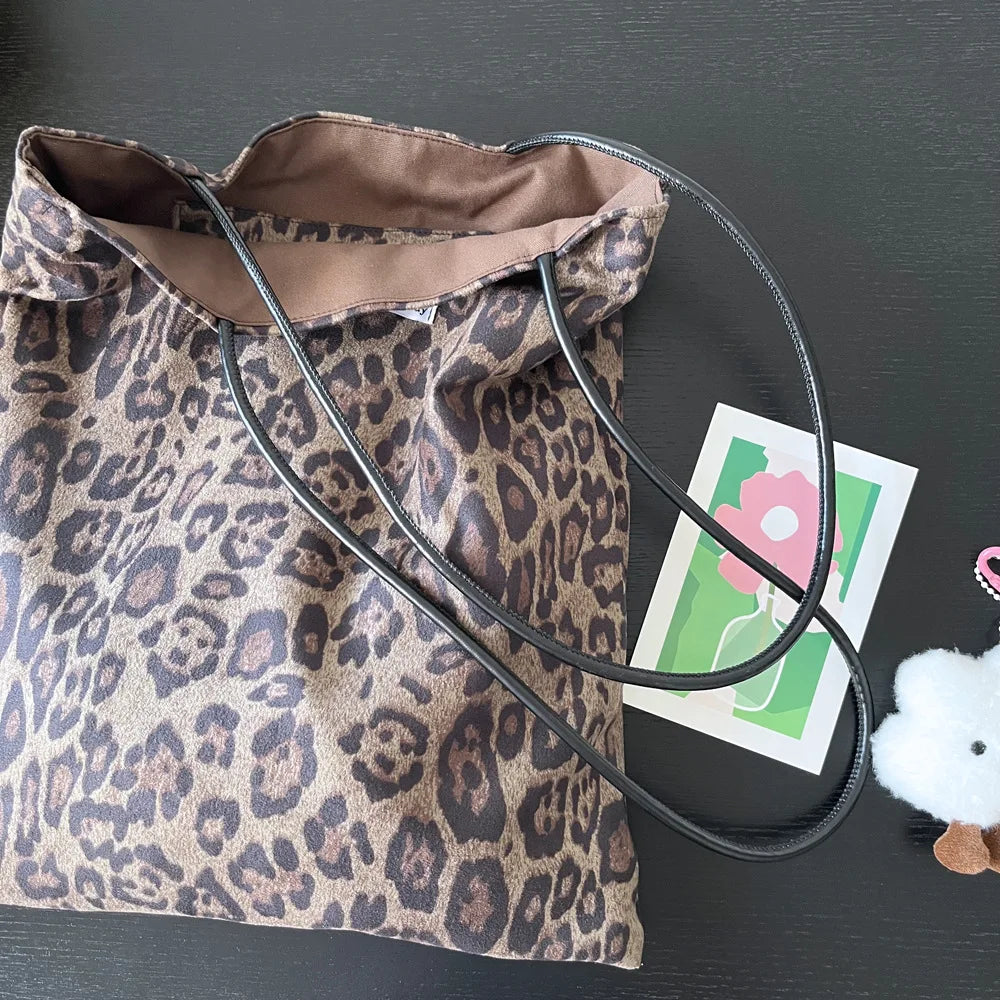 Vintage Faux Suede Women's Leopard Shoulder Bags PU Strap Double Side Female Purse Handbags Fall Winte Canvas Tote Underarm Bag