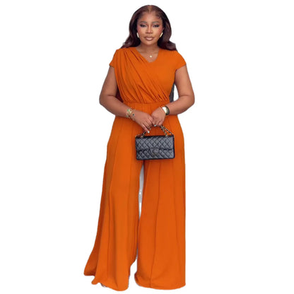 Women Shirrring Jumpsuits Mini Lenth Jumpsuit Short Sleeves V Neck Top High Waist Wide Leg Pants Casual Loose Fit 2026 Summer
