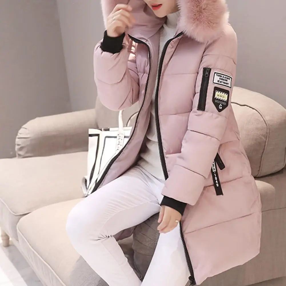 2025 Women Winter Cotton Coat Thickened Padded Stuffed Hooded Mid Length Warm Winter Coat Solid Color Slim Fit Lady Down Coat