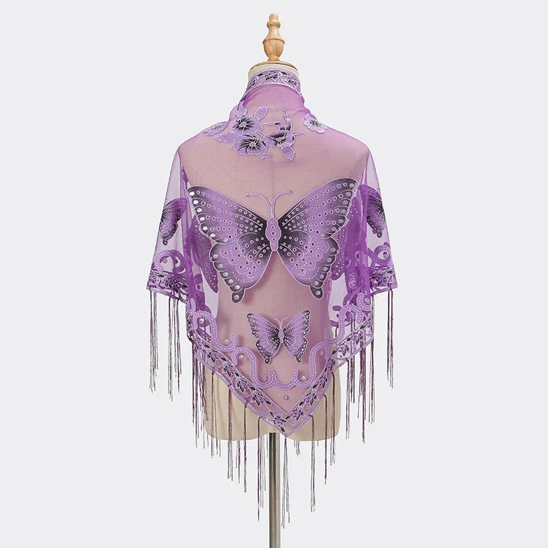 New Women Lace Tassel Triangular Scarf Solid Hollow-out Butterfly Embroidery Scarves Soft Lady Shawl Foulard Party Wrap Shawls
