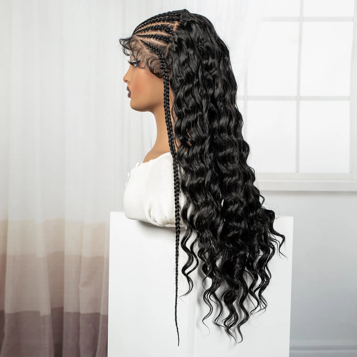 28inch 13x6 Transparent Lace Front Natural Deep Wave Hair Wigs with Cornrow Braids Synthetic Curly Brazilian Hair Wig for Women