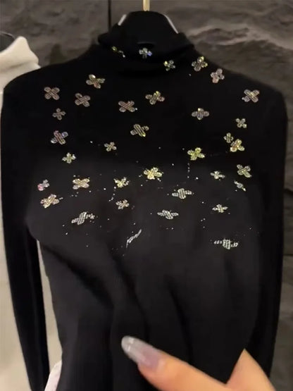 Luxury Style Diamonds Hot Drilling Turtleneck Slim Fit Black Sweater for Women Autumn/Winter Knitwear Pullovers Femme Clothing