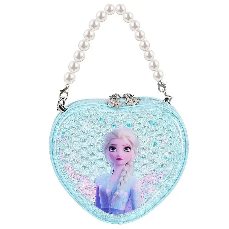 Disney Elsa Shoulder Bag Shiny Quicksand Pearl Handbag Heart-shaped Crossbody Bag For Girls Gifts