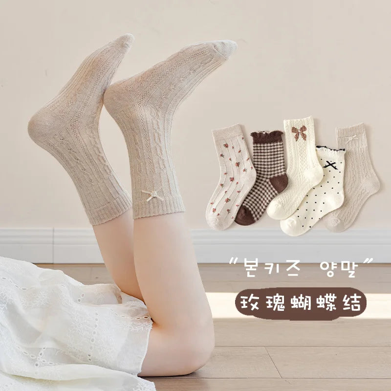 Auutumn Winter Girls Socks Retro Maillard Color Ruffle Socks Children's Calf Socks Cotton Socks  5 Pairs
