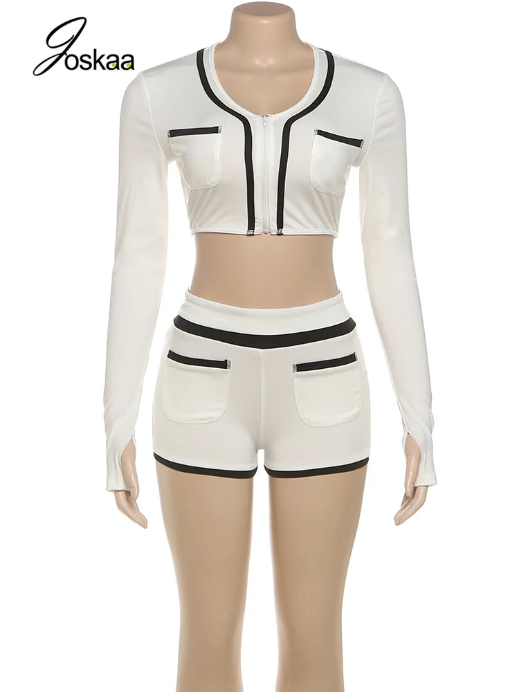 Joskaa 2025 Women's Patchwork Sporty 2 Piece Set Casual Full Sleeve Zip Crop Tops+Shorts Matching Tracksuits Y2k Streetwear