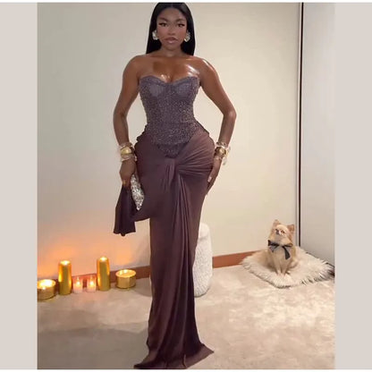 Chic Sequins Lace Up Dress Women Cinched Waist Strapless Patchwork Pleated Sleeveless Maxi Gowns 2025 Summer Evening Party Robe