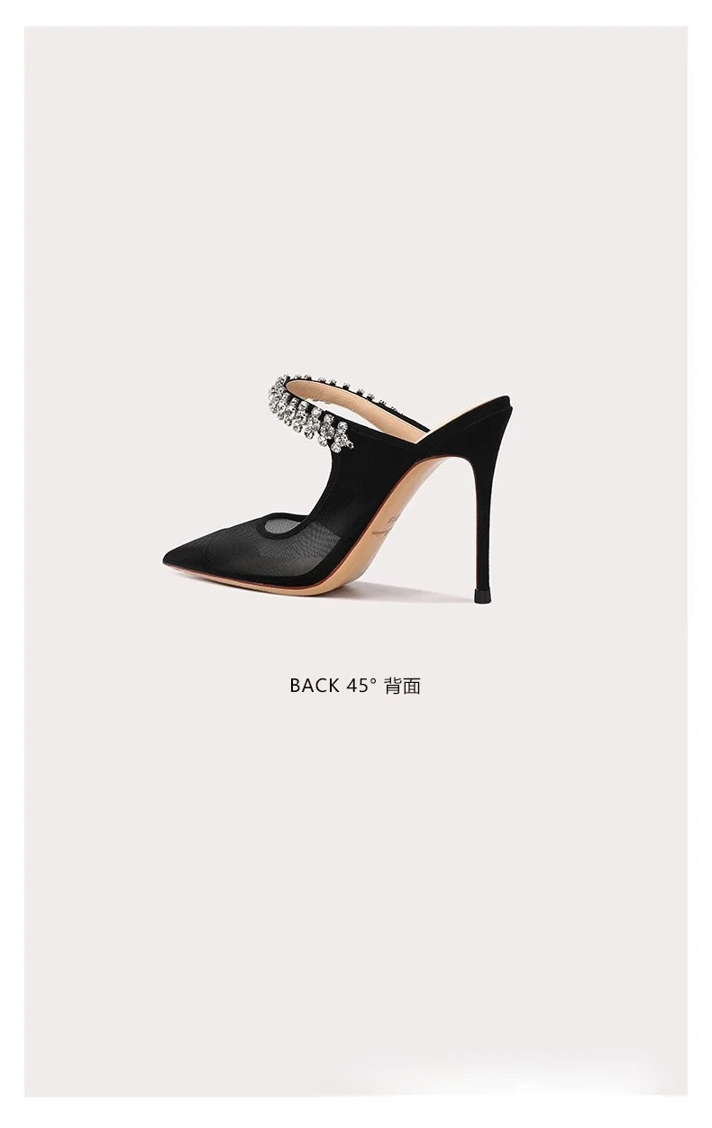 2024 New One Word Water Diamond Women's Summer Baotou Mesh Fine Heels Pointed High Heels Black Slippers
