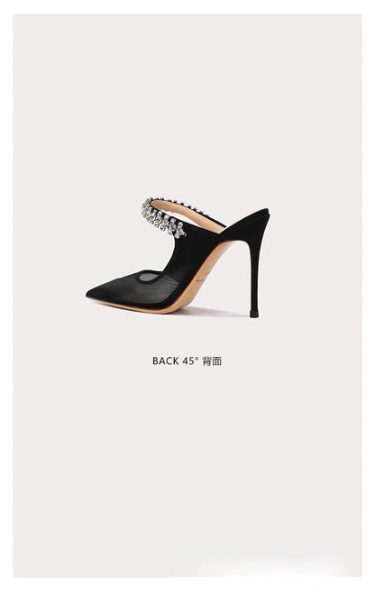 2024 New One Word Water Diamond Women's Summer Baotou Mesh Fine Heels Pointed High Heels Black Slippers