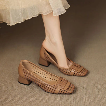 French Retro Woven Women Pumps Breathable Square Toe Block High Heels Elegant Hollow Office Lady Shoes Luxury Designer Sandals