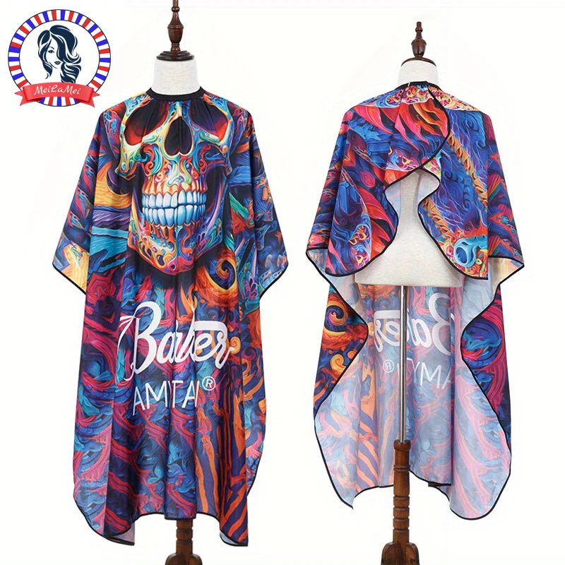 Skull Print Design – Vibrant Mexican Skull Print Salon Barber Cloth Adjustable Snap Closure Haircut Apron for Hair Styling
