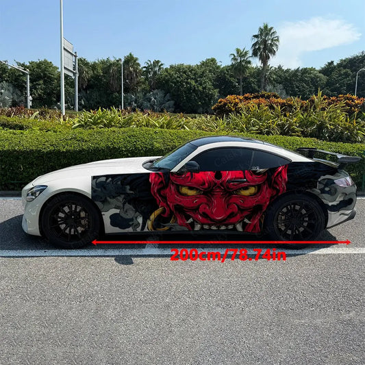 2pcs Golden-Eyed Red Oni Hannya Car Side Wraps, Self-Adhesive PVC Waterproof & Scratch-Resistant Stickers, Car Accessory Gift