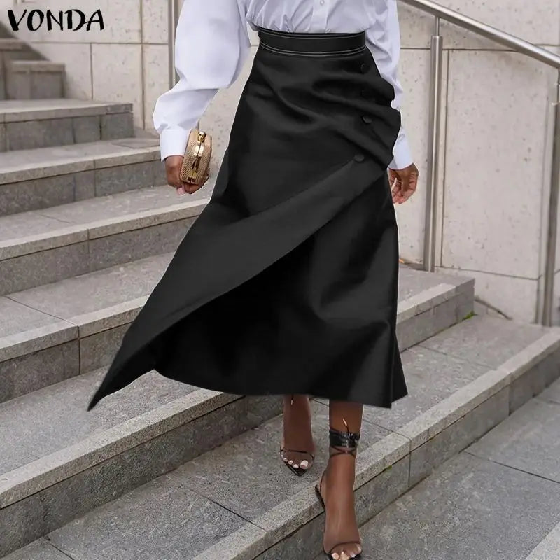 VONDA Plus Size 5XL Elegant Women Satin Skirts High Waist Button Pleated Asymmetrical Maxi Jupes Fashion Solid Long Faldas Saia