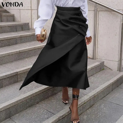 VONDA Plus Size 5XL Elegant Women Satin Skirts High Waist Button Pleated Asymmetrical Maxi Jupes Fashion Solid Long Faldas Saia