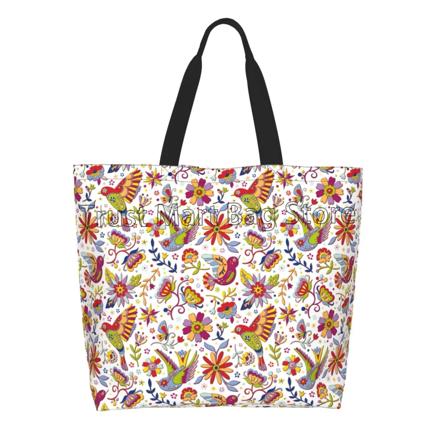 Mexican Ethnic Flowers Tote Bag Large Capacity Zipper Women Grocery Bags Purse Shopping Handbags Casual Travel Shoulder Bag