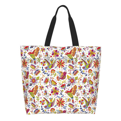 Mexican Ethnic Flowers Tote Bag Large Capacity Zipper Women Grocery Bags Purse Shopping Handbags Casual Travel Shoulder Bag
