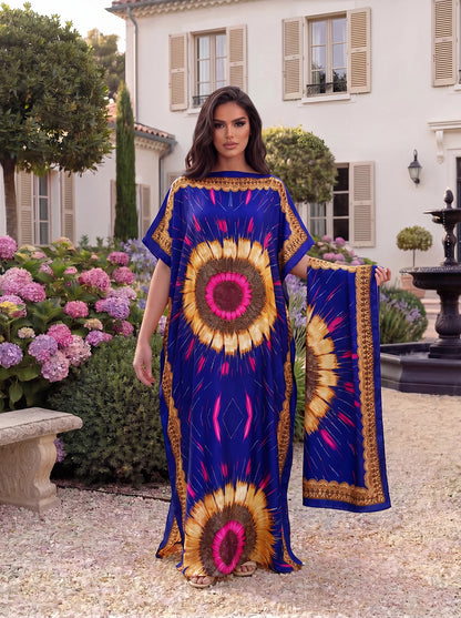 Boho Geometric Print Satin Abaya Scarf Set, Loose Batwing Maxi Kaftan For Muslim Women Summer Daily Holiday Wear