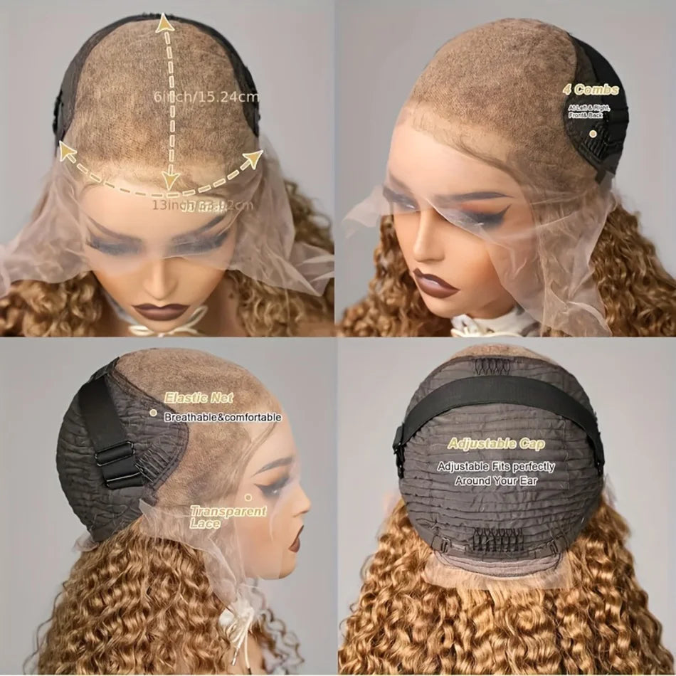Deep Wave Honey Blonde Human Hair Wig #27 Curly HD Transparent Lace Front Wigs For Women Pre Plucked Wigs 200% Density 30 Inch