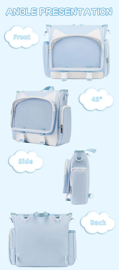 TINYAT Y2K Ita Bag Girl School Backpack Waterproof Transparent Shoulder Bag Women's Crossbody Bag DlY Display Cute Cat Ear