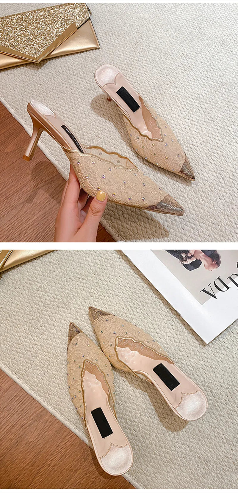 Luxury Rhinestones Mesh Lace Women Pumps Sandals Summer Elegant Pointed Toe 8cm Thin High Heels Mulse Sides  Fashion Party Shoes