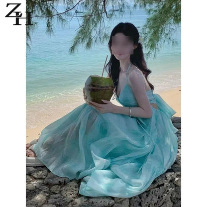 Seaside Vacation Tea Break French Halter Dress Fairy Temperament Long Skirt Backless Bow Tie Flowy Tiered Beach Dresses