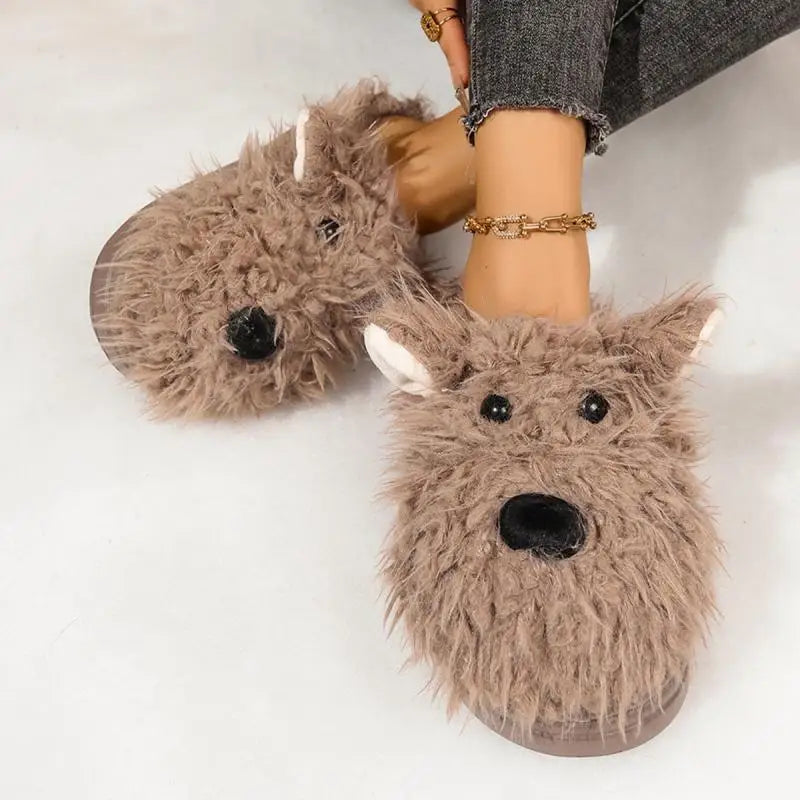 Cartoon Puppy Fluffy Fur Indoor Slippers Women 2025 Winter Thick Bottom Furry Mules Slippers Warm Plush Home Slides for Womon