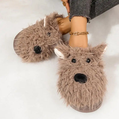 Cartoon Puppy Fluffy Fur Indoor Slippers Women 2025 Winter Thick Bottom Furry Mules Slippers Warm Plush Home Slides for Womon