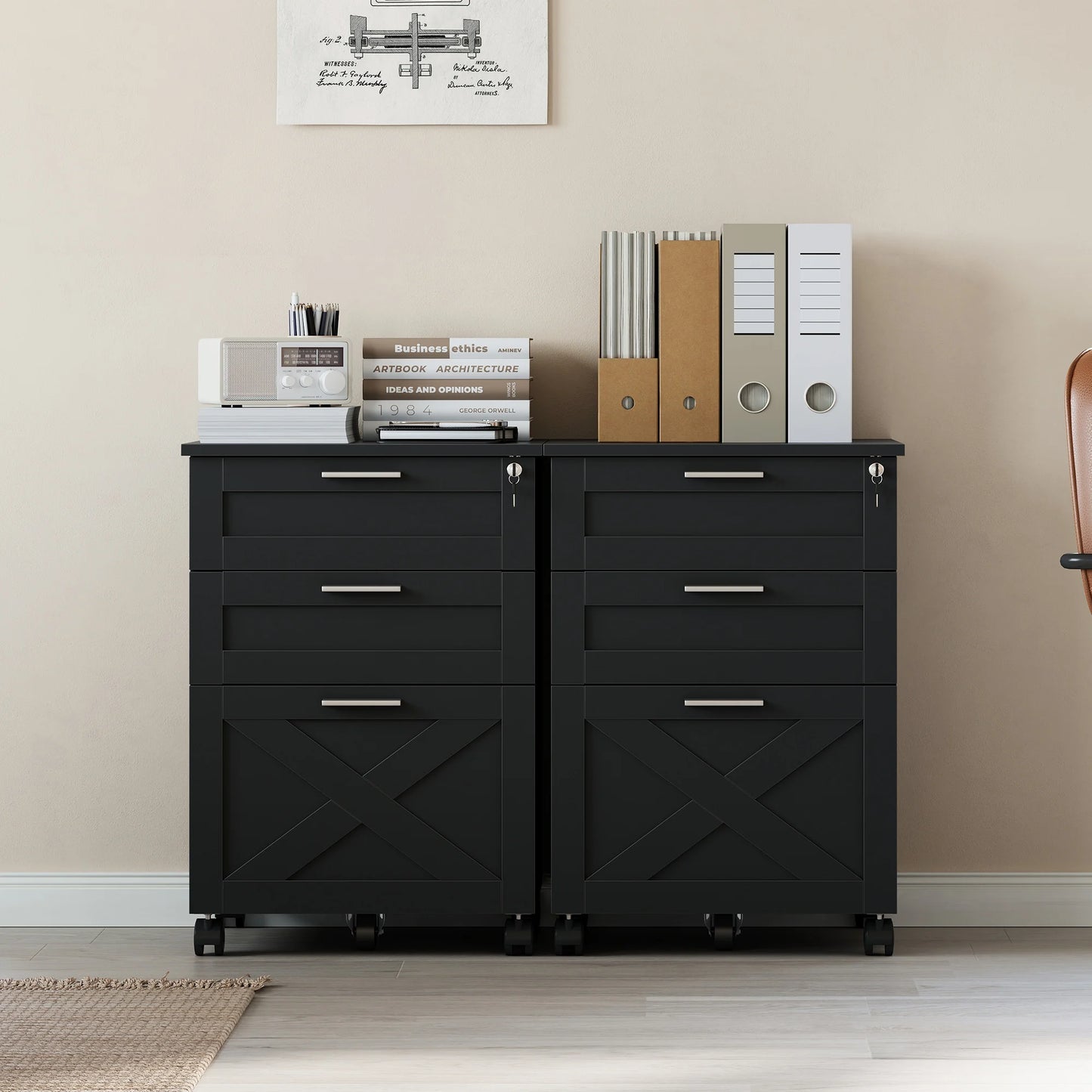 3 Drawer Rolling File Cabinet with Lock & Casters, Wooden Mobile Storage Organizer Printer Stand, Fits A4/Letter for Home Office