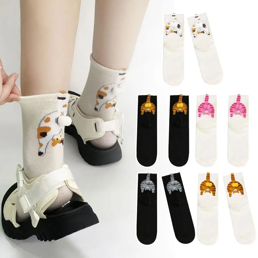 Cartoon Cat Egg Socks Soft Breathable Cute Mid Tube Cotton Socks 3D Cat Egg Balls Unique Design Trendy Funny