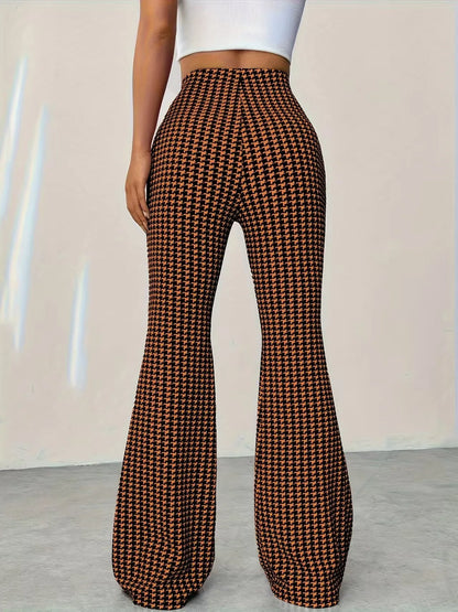 Elastic high waisted herringbone printed flared pants, fashionable casual pants, comfortable micro flared pants