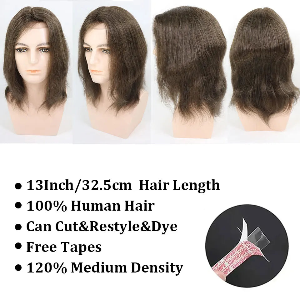 Brown Long Human Hairpieces Men's Toupee Natural Hairline Lace Front Male Wig Breathable Lace With PU Hair Replacement Systems