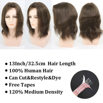 Brown Long Human Hairpieces Men's Toupee Natural Hairline Lace Front Male Wig Breathable Lace With PU Hair Replacement Systems