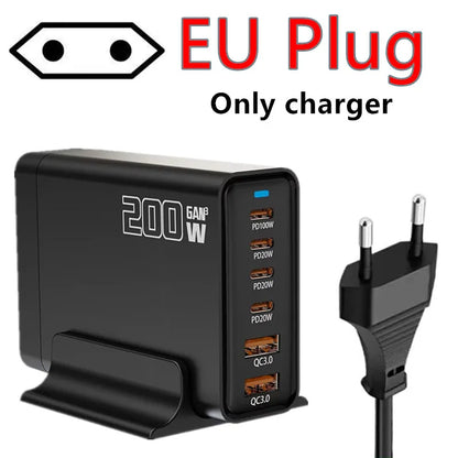 200W Desktop USB C Quick Charger GaN PD Fast Chager 6 port Mobile Charging Adapter For Laptop iPhone 17 16 15 Samsung Xiaomi﻿﻿