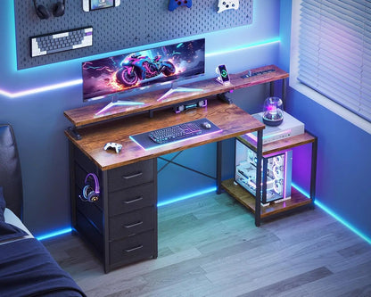 55 Inch Computer Desk with 4 Drawers, Office Desk with Power Outlets, Printer Shelf & Storage Shelves, Large, Customized