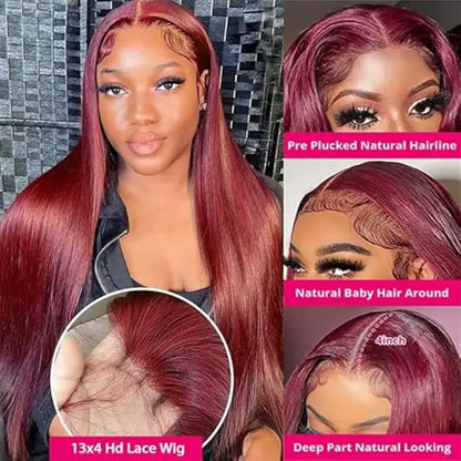 Bone Straight Human Hair Wigs Burgundy 13x6 Hd Lace Frontal Human Hair Wig 99j 13x4 Hd Lace Wigs 200% High Density 36 Inch
